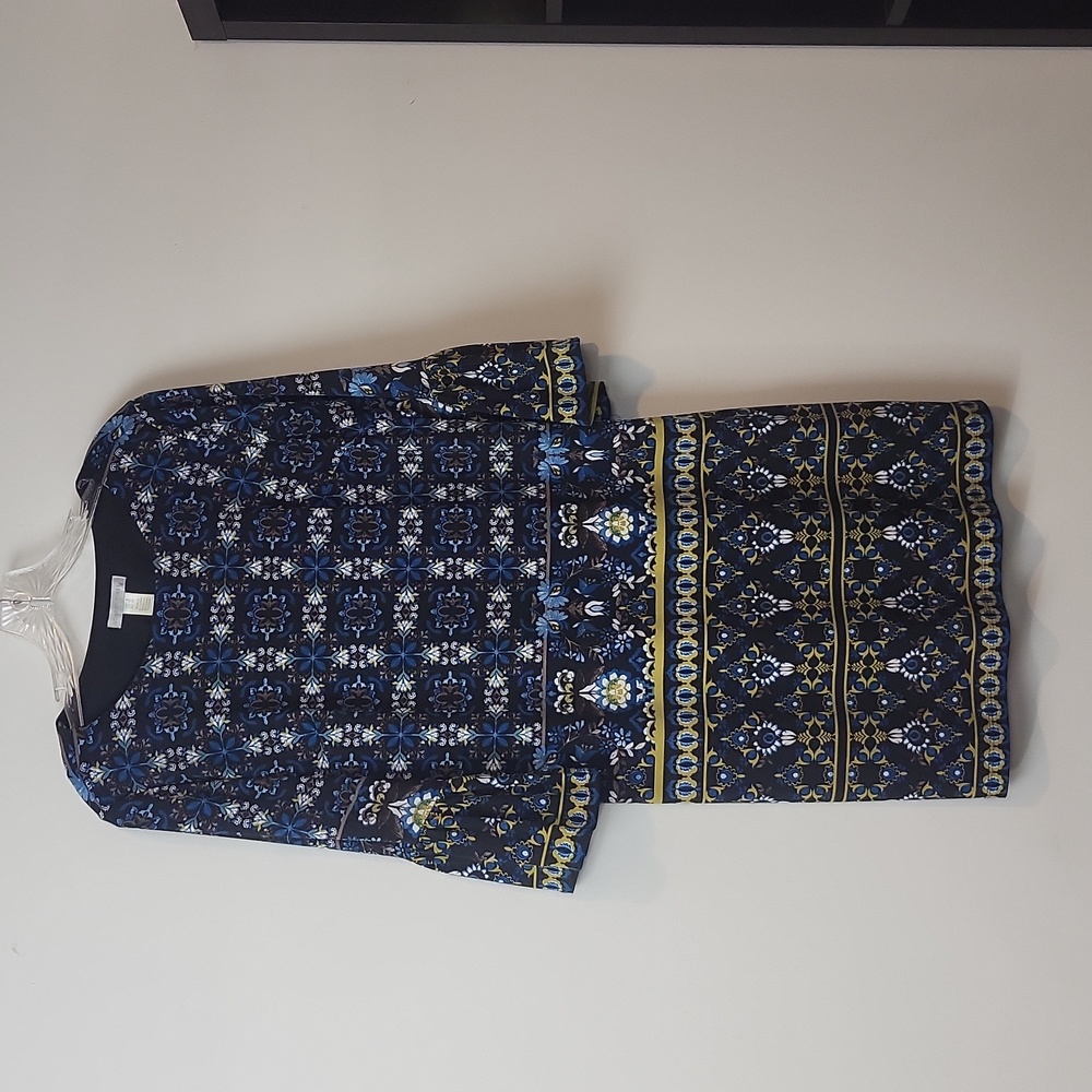LONDON TIMES Black Blue Chartreuse Floral Print Bell Sleeve Shift Dress